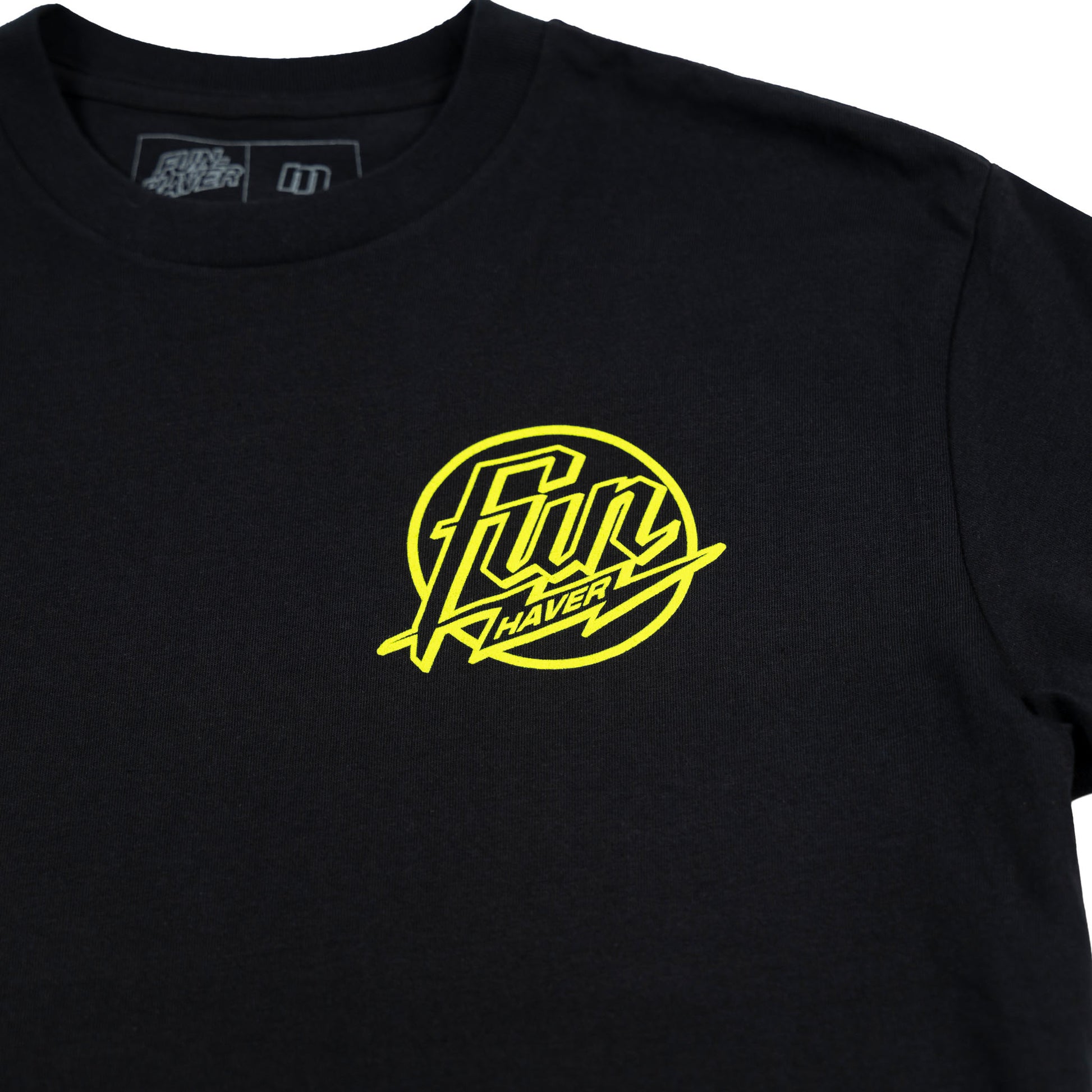 Front logo detail view of the Fun-Haver Weekend Short Sleeve T-Shirt in Black.