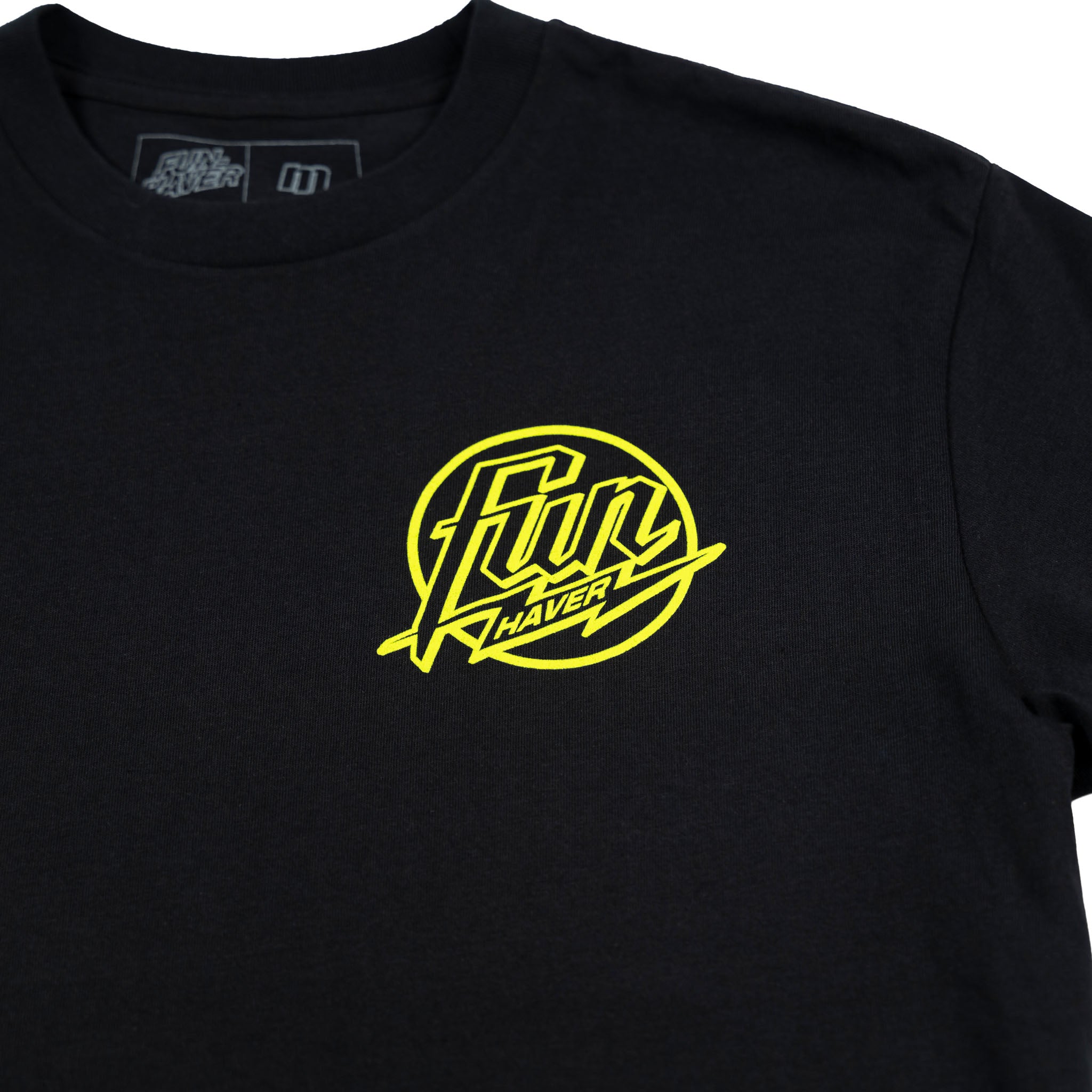 Front logo detail view of the Fun-Haver Weekend Short Sleeve T-Shirt in Black.