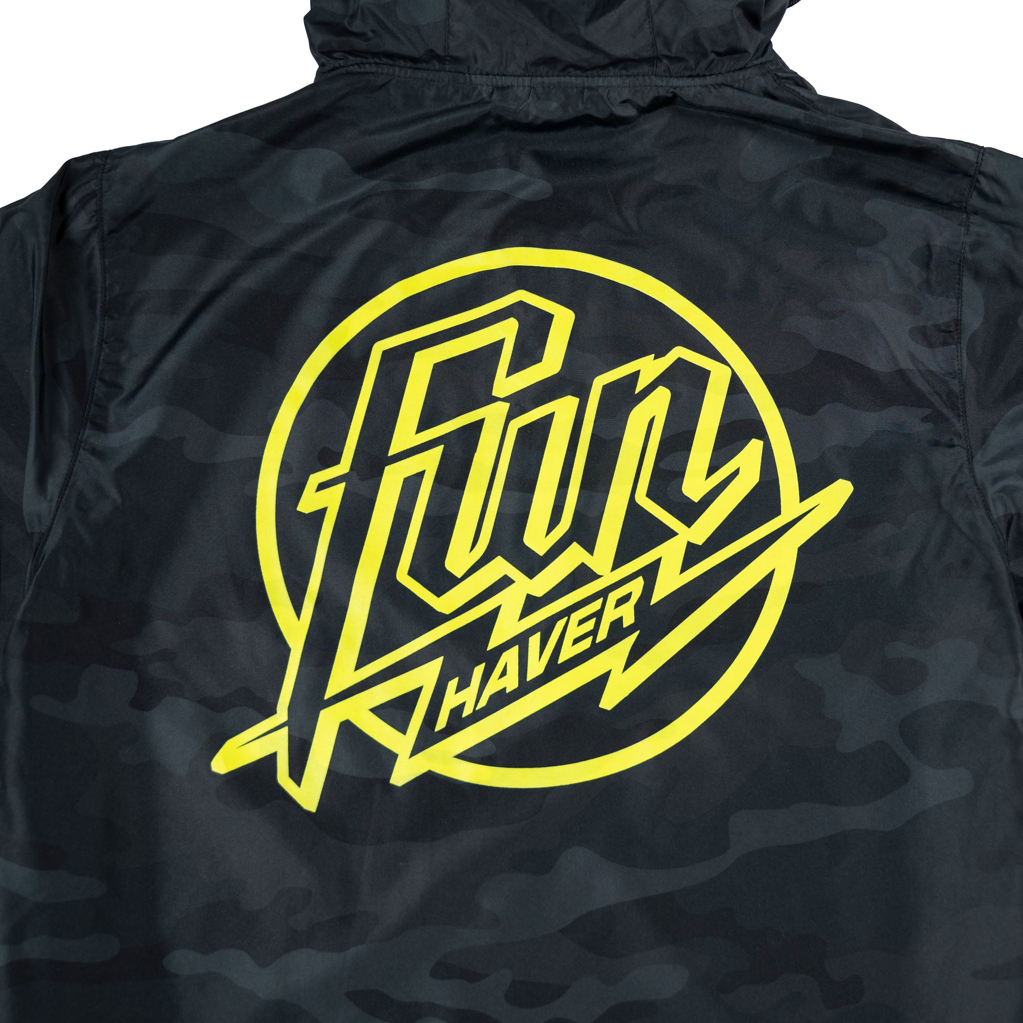 Back logo detail view of the Fun-Haver® Weekend Windbreaker Anorak Jacket in Black Camo.