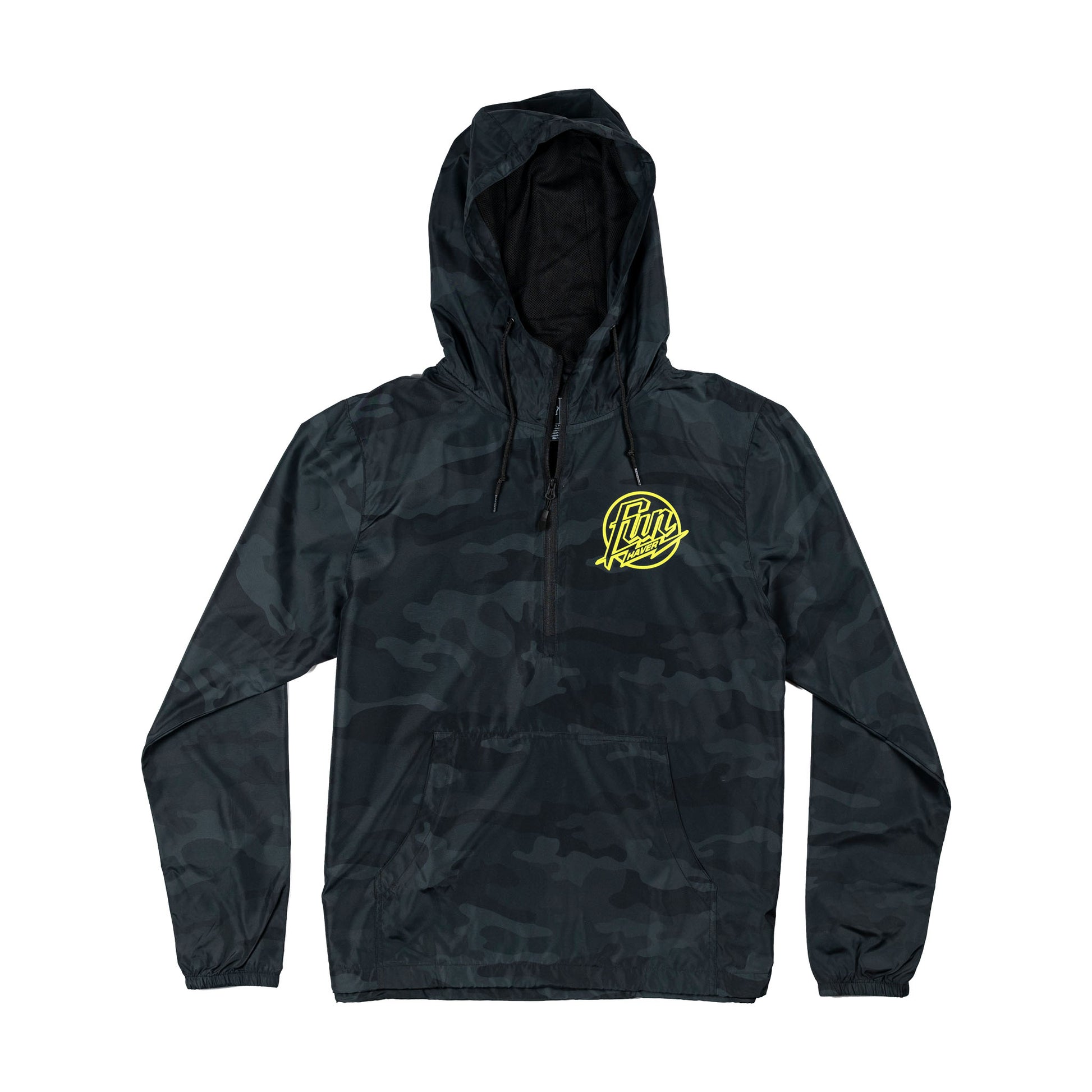 Front view of the Fun-Haver® Weekend Windbreaker Anorak Jacket in Black Camo.