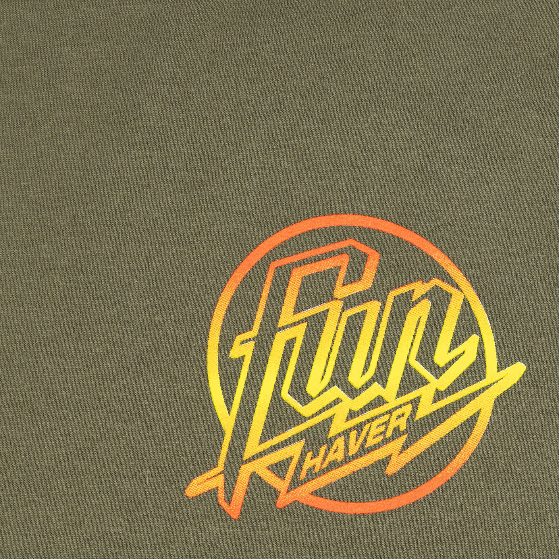 Front logo detail view of the Fun-Haver Weekend Short Sleeve T-Shirt in Military Green.