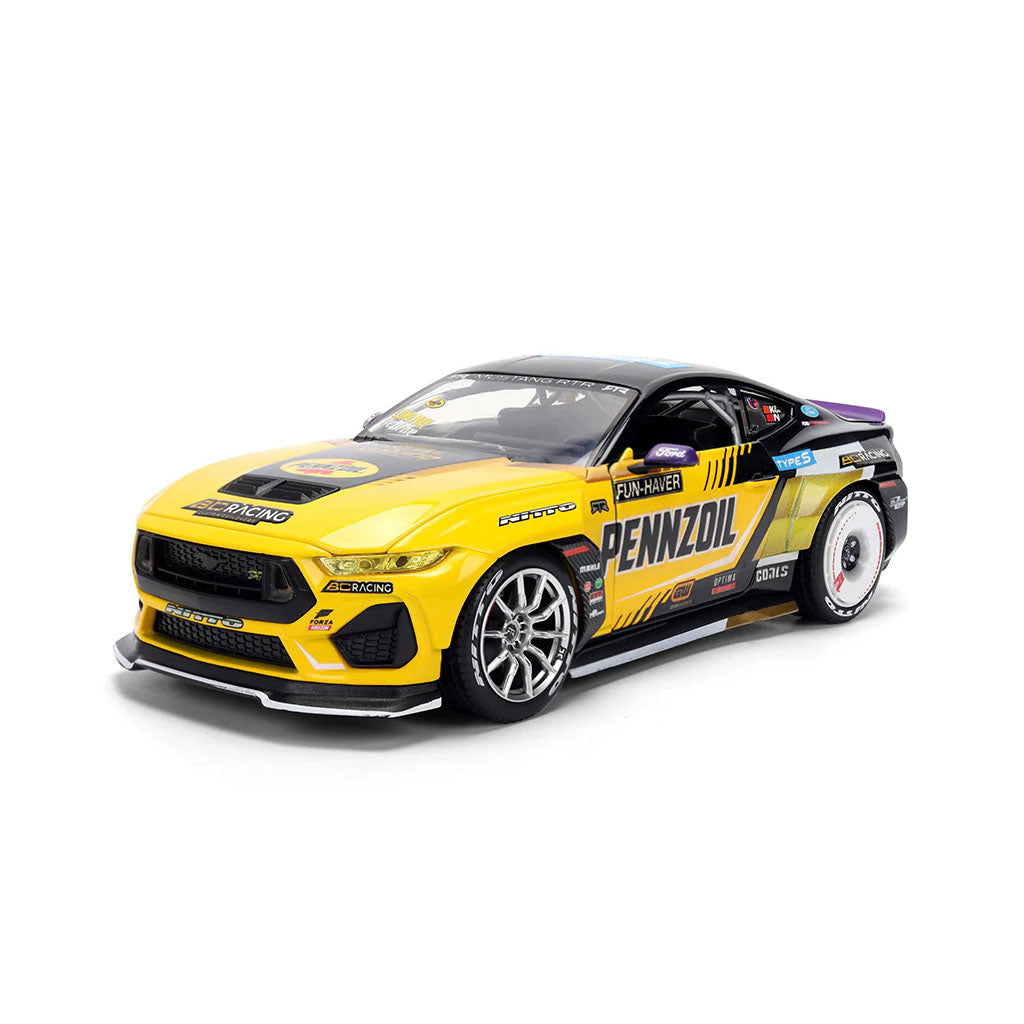 Front left view of Chelsea DeNofa's Jada Toys 1:24th Scale Diecast Toy Model 2023 Formula Drift Winning 2023 Ford Mustang RTR Spec 5 competition car.