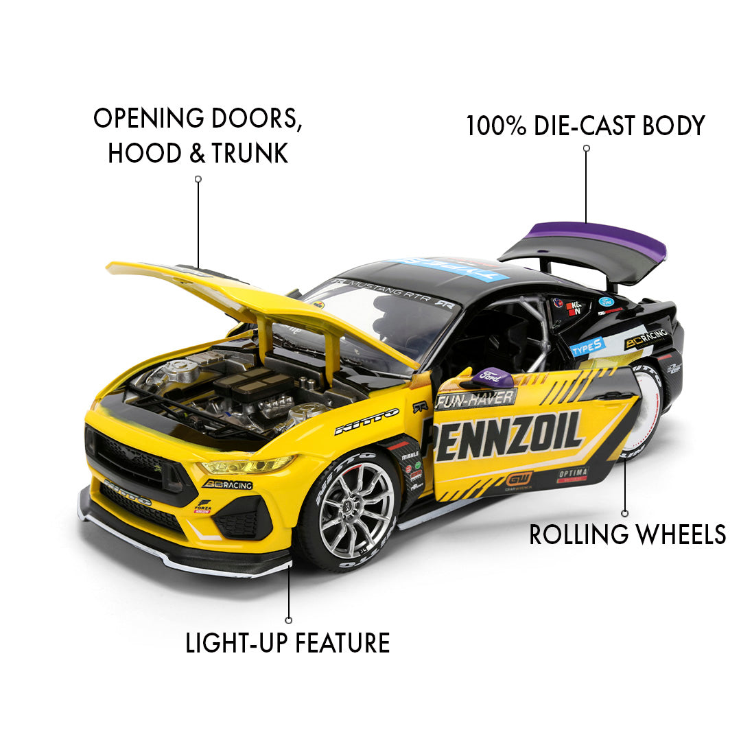 Front left movable parts detail view of Chelsea DeNofa's Jada Toys 1:24th Scale Diecast Toy Model 2023 Formula Drift Winning 2023 Ford Mustang RTR Spec 5 competition car.