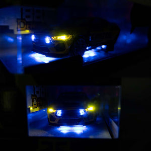 Front and front left left view of the functional lights on Chelsea DeNofa's Jada Toys 1:24th Scale Diecast Toy Model 2023 Formula Drift Winning 2023 Ford Mustang RTR Spec 5 competition car.