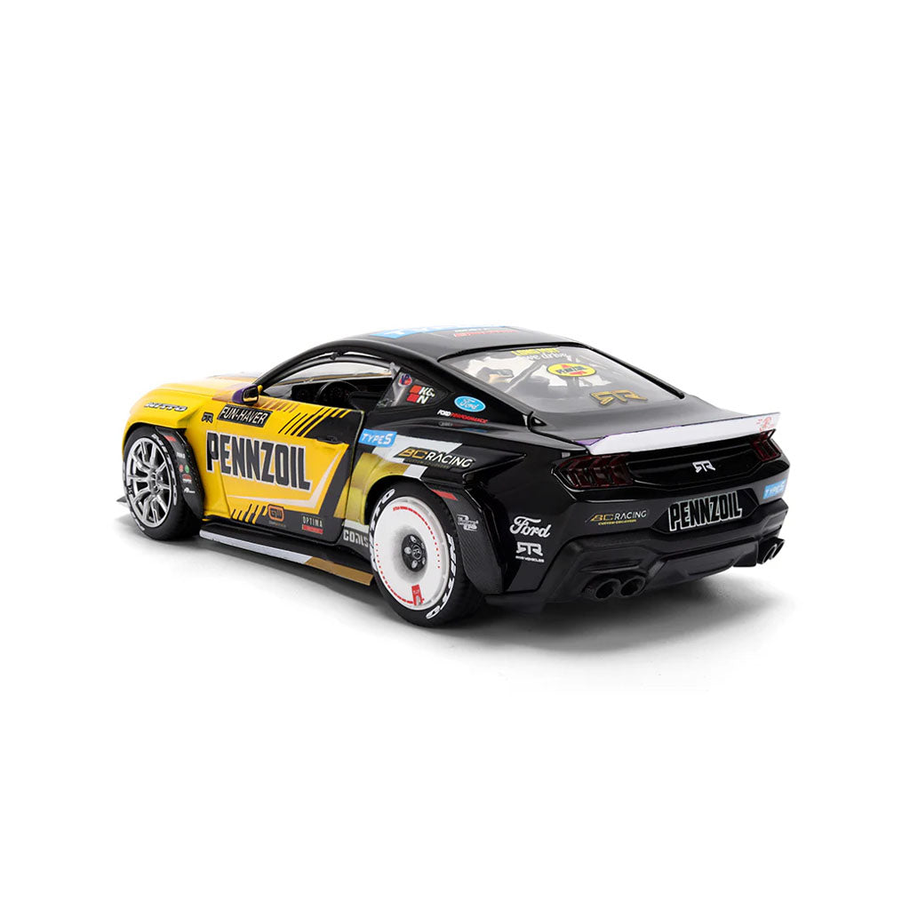 Rear left view of Chelsea DeNofa's Jada Toys 1:24th Scale Diecast Toy Model 2023 Formula Drift Winning 2023 Ford Mustang RTR Spec 5 competition car.