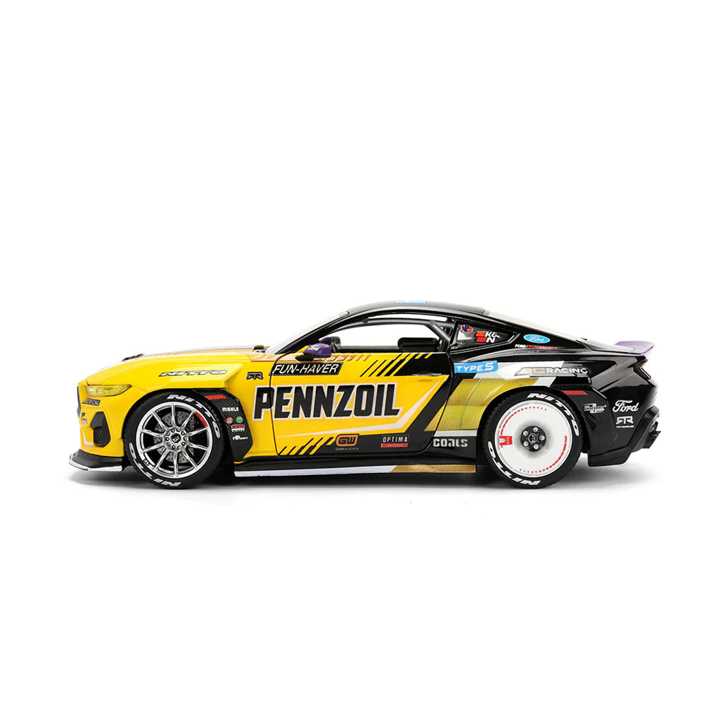 Left side view of Chelsea DeNofa's Jada Toys 1:24th Scale Diecast Toy Model 2023 Formula Drift Winning 2023 Ford Mustang RTR Spec 5 competition car.