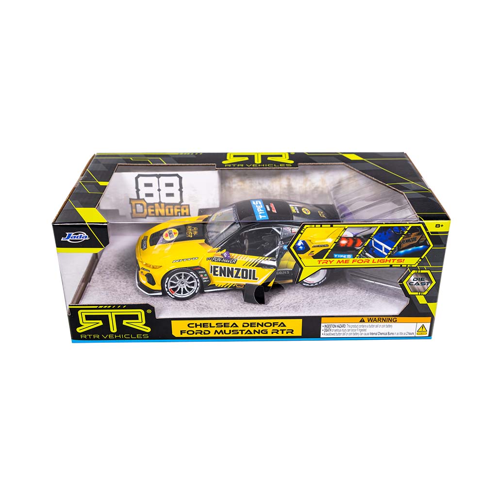 In-box view of Chelsea DeNofa's Jada Toys 1:24th Scale Diecast Toy Model 2023 Formula Drift Winning 2023 Ford Mustang RTR Spec 5 competition car.