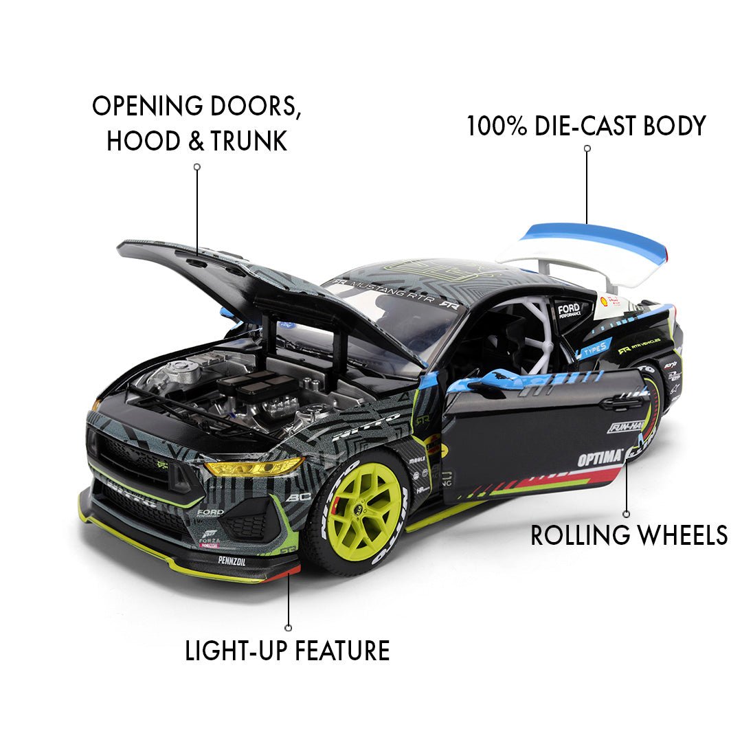 Front left moveable parts view of Vaughn Gittin Jr's Jada Toys 1:24th Scale Diecast Toy Model Formula Drift 2025 Ford Mustang RTR Spec 5 competition car.