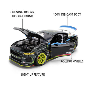 Front left moveable parts view of Vaughn Gittin Jr's Jada Toys 1:24th Scale Diecast Toy Model Formula Drift 2025 Ford Mustang RTR Spec 5 competition car.