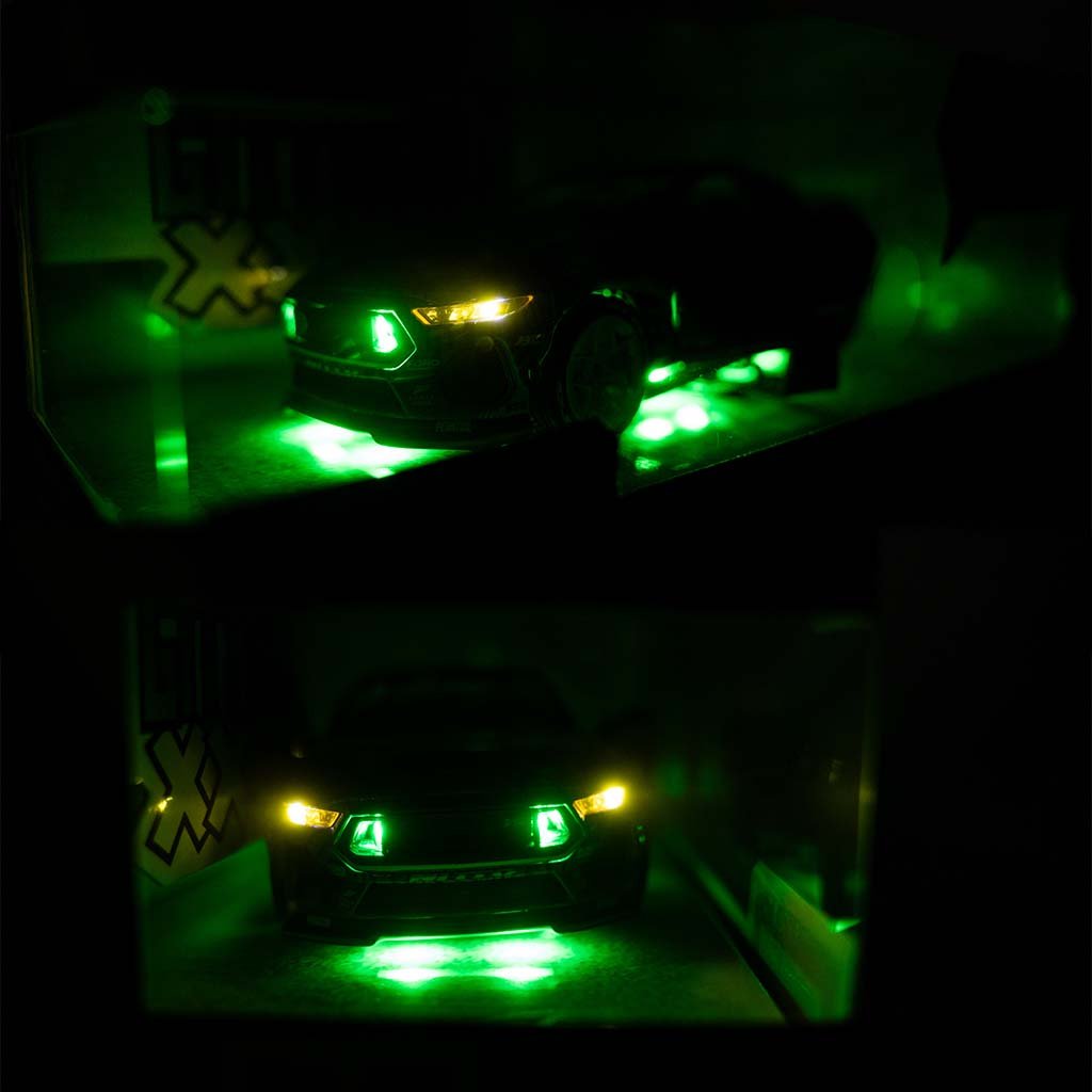 Views of the functional lights on Vaughn Gittin Jr's Jada Toys 1:24th Scale Diecast Toy Model Formula Drift 2025 Ford Mustang RTR Spec 5 competition car.