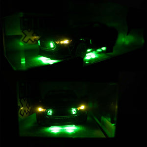 Views of the functional lights on Vaughn Gittin Jr's Jada Toys 1:24th Scale Diecast Toy Model Formula Drift 2025 Ford Mustang RTR Spec 5 competition car.