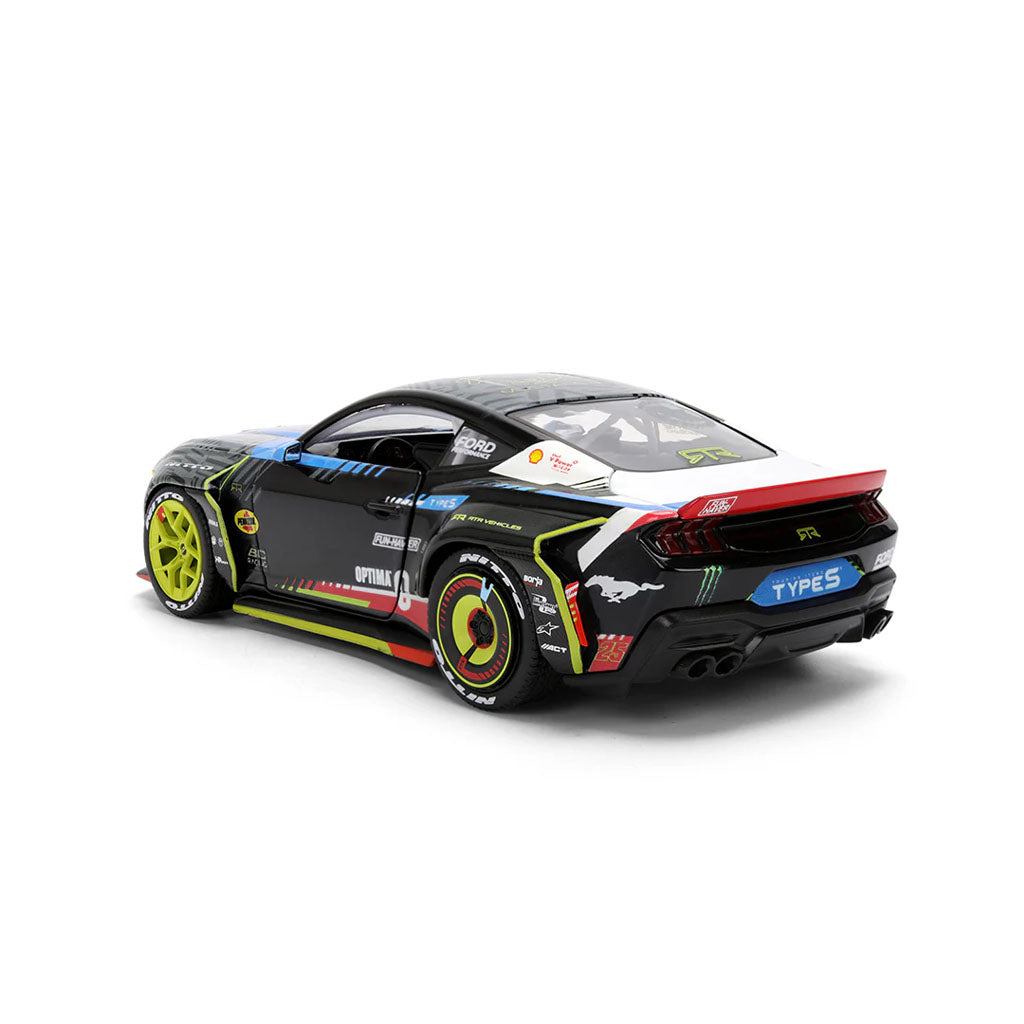 Rear left view of Vaughn Gittin Jr's Jada Toys 1:24th Scale Diecast Toy Model Formula Drift 2025 Ford Mustang RTR Spec 5 competition car.