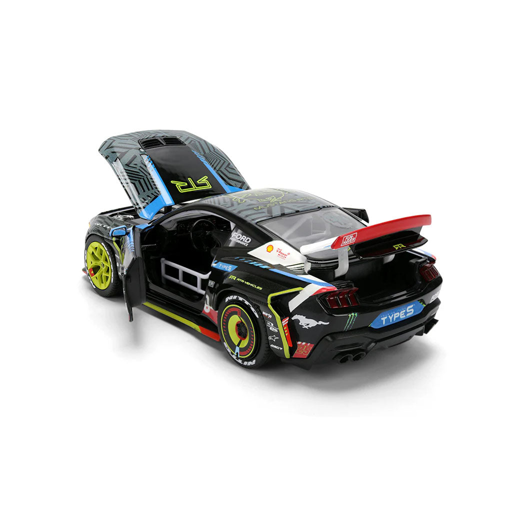 Rear left movable parts view of Vaughn Gittin Jr's Jada Toys 1:24th Scale Diecast Toy Model Formula Drift 2025 Ford Mustang RTR Spec 5 competition car.