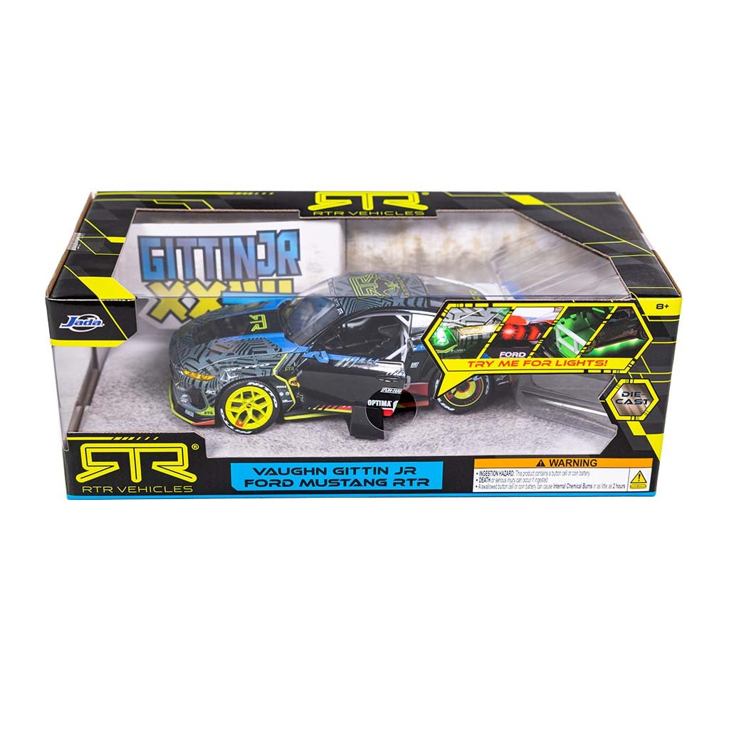 In-box view of Vaughn Gittin Jr's Jada Toys 1:24th Scale Diecast Toy Model Formula Drift 2025 Ford Mustang RTR Spec 5 competition car.