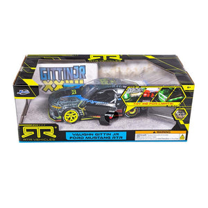 In-box view of Vaughn Gittin Jr's Jada Toys 1:24th Scale Diecast Toy Model Formula Drift 2025 Ford Mustang RTR Spec 5 competition car.