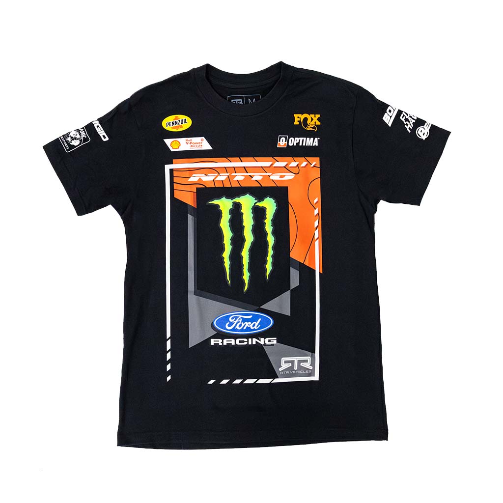 Front view of the 2026 Loren Healy RTR Vehicles Off-Road Team, Monster Energy, Ford Racing Black T-Shirt.