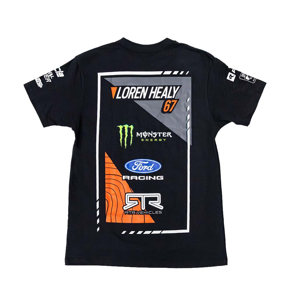 Back view of the 2026 Loren Healy RTR Vehicles Off-Road Team, Monster Energy, Ford Racing Black T-Shirt.