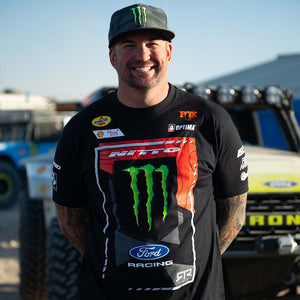 Front view of Loren Healy wearing his 2026 RTR Vehicles Off-Road Team, Monster Energy, Ford Racing Black T-Shirt.