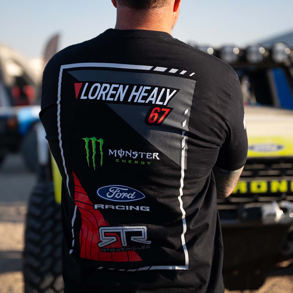 Back view of Loren Healy wearing his 2026 RTR Vehicles Off-Road Team, Monster Energy, Ford Racing Black T-Shirt.