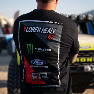 Back view of Loren Healy wearing his 2026 RTR Vehicles Off-Road Team, Monster Energy, Ford Racing Black T-Shirt.
