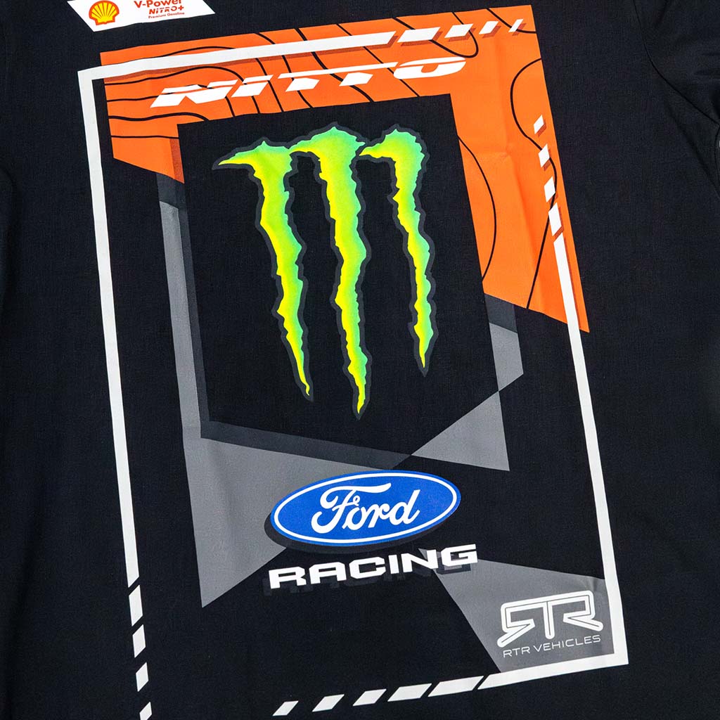 Front detailed view of the 2026 Loren Healy RTR Vehicles Off-Road Team, Monster Energy, Ford Racing, Black T-Shirt.