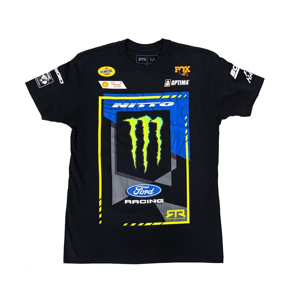Front view of the 2026 Vaughn Gittin Jr. RTR Vehicles Off-Road Team, Monster Energy, Ford Racing Black T-Shirt.