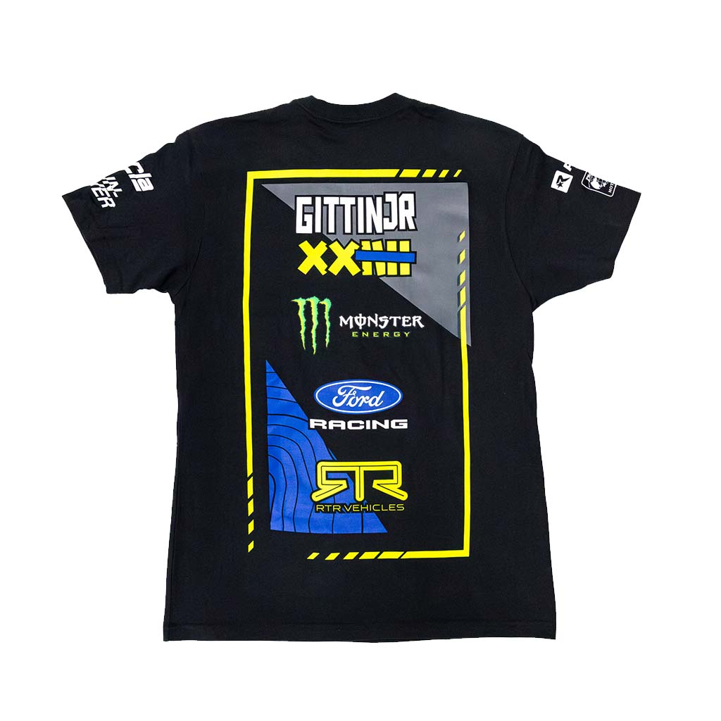 Back view of the 2026 Vaughn Gittin Jr. RTR Vehicles Off-Road Team, Monster Energy, Ford Racing Black T-Shirt.