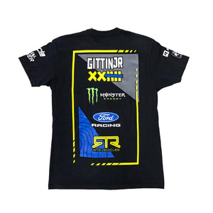 Back view of the 2026 Vaughn Gittin Jr. RTR Vehicles Off-Road Team, Monster Energy, Ford Racing Black T-Shirt.