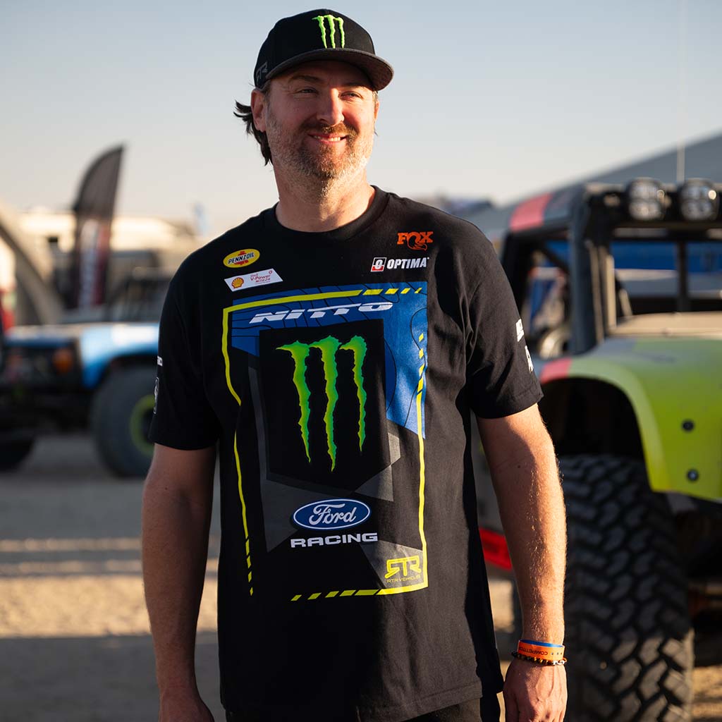 Front view of Vaughn Gittin Jr. wearing his 2026 RTR Vehicles Off-Road Team, Monster Energy, Ford Racing Black T-Shirt.