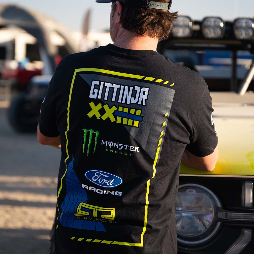 Back view of Vaughn Gittin Jr. wearing his 2026 RTR Vehicles Off-Road Team, Monster Energy, Ford Racing Black T-Shirt.