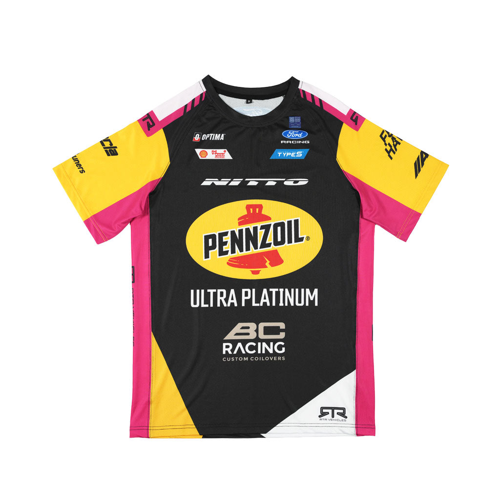 Front view of the Ben Hobson 2026 RTR Drift Team Sublimated Shirt in black, pink, and yellow with Pennzoil Ultra Platinum, BC Racing, and Nitto sponsor logos.