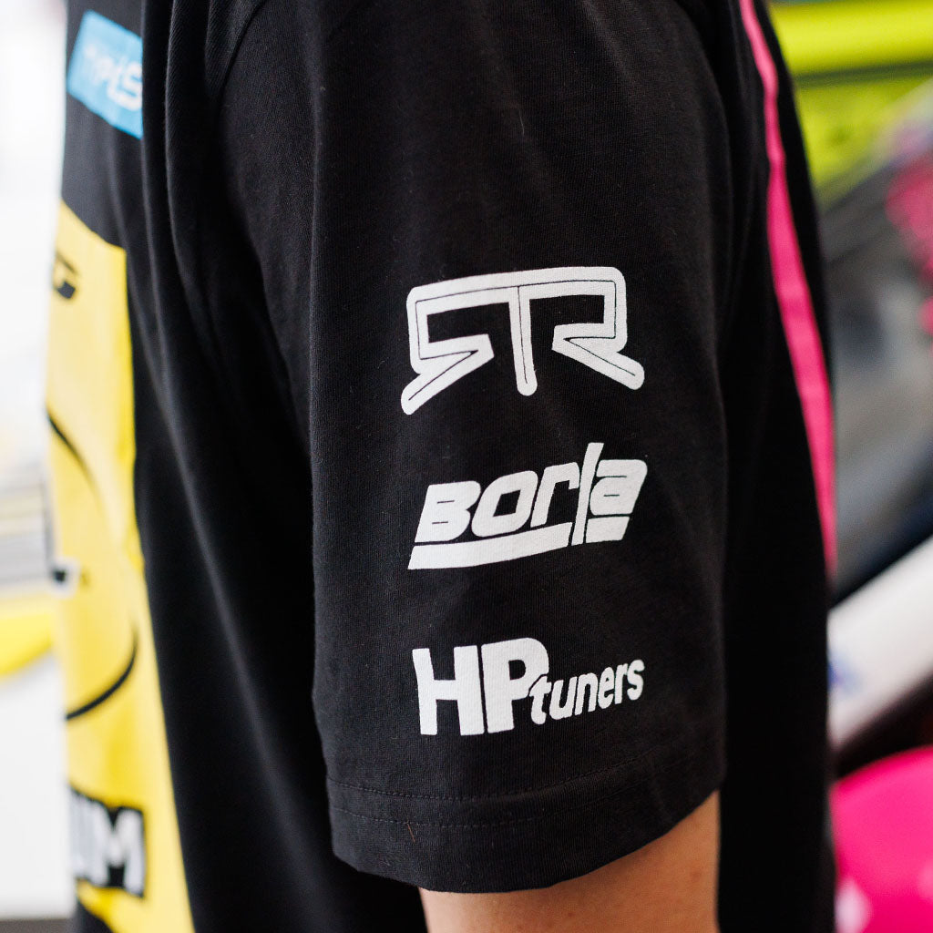 Left sleeve detail of Ben Hobson wearing his 2026 RTR Drift Team Black T-Shirt.