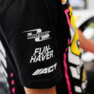 Right sleeve detail of Ben Hobson wearing his 2026 RTR Drift Team Black T-Shirt.