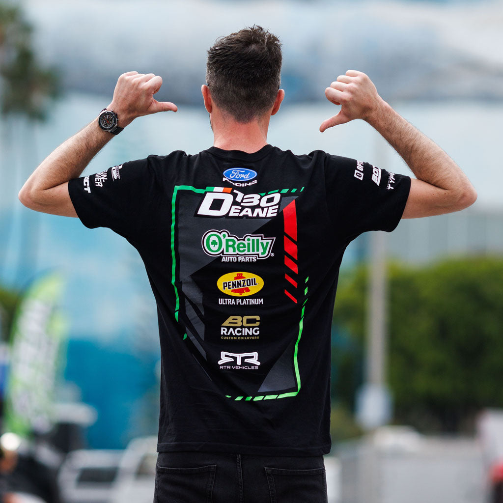 Back view of James Deane wearing his 2026 RTR Drift Team Black T-Shirt.