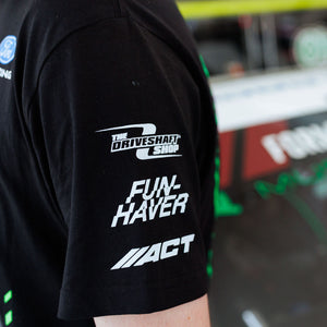 Left sleeve detail view of James Deane wearing his 2026 RTR Drift Team Black T-Shirt.