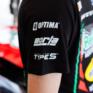 Right sleeve detail view of James Deane wearing his 2026 RTR Drift Team Black T-Shirt.