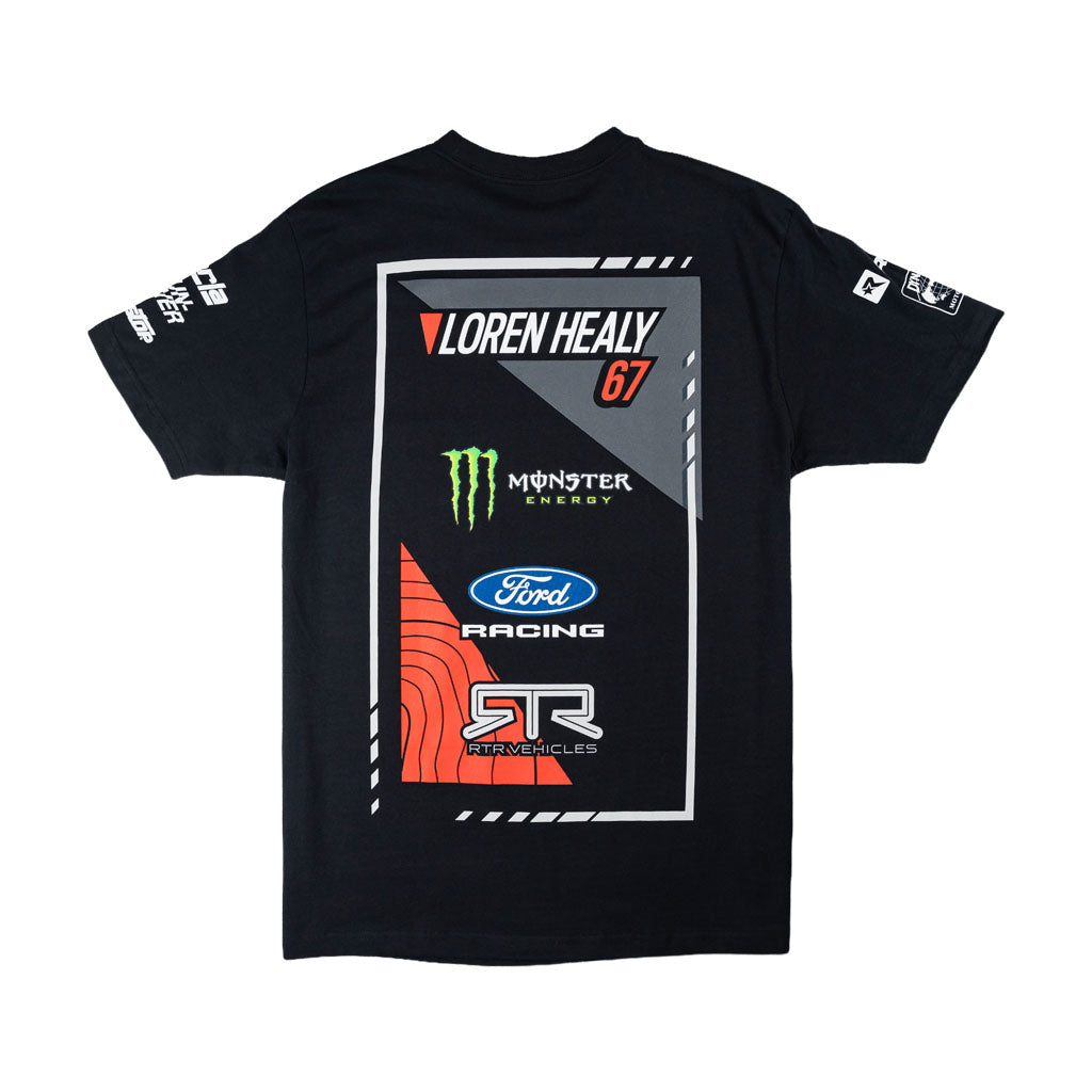 Back view of the 2026 Loren Healy RTR Vehicles Off-Road Team, Monster Energy, Ford Racing Black T-Shirt.