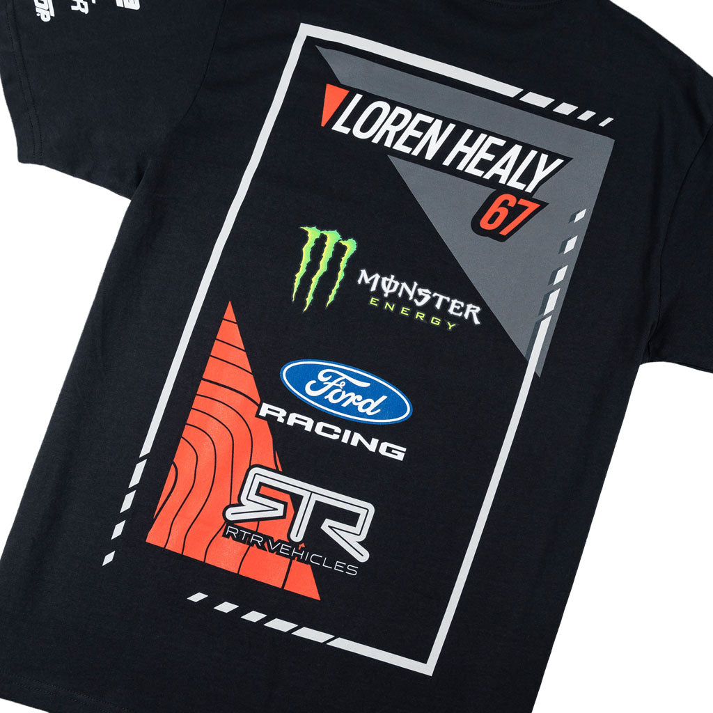 Close up back view of the 2026 Loren Healy RTR Vehicles Off-Road Team, Monster Energy, Ford Racing, Black T-Shirt.