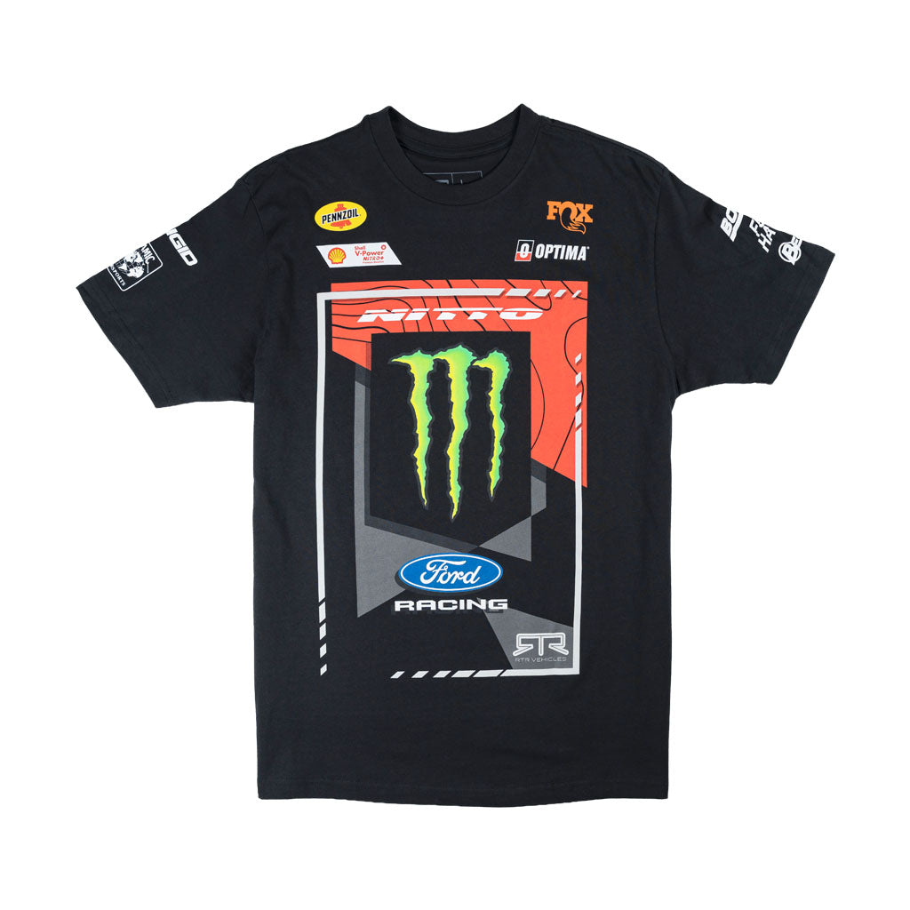 Front view of the 2026 Loren Healy RTR Vehicles Off-Road Team, Monster Energy, Ford Racing Black T-Shirt.