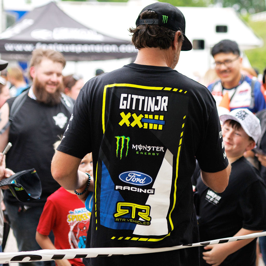 Vaughn Gittin Jr. wearing his 2026 RTR Drift Team Black T-Shirt.