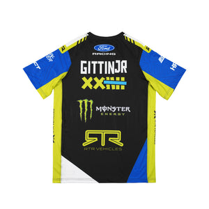 Back view of the Vaughn Gittin Jr. 2026 RTR Drift Team Sublimated Shirt — black sublimated shirt with Monster Energy claw graphic, team sponsor logos and race number.